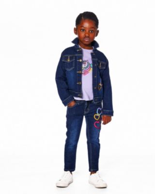 Girls' Stretch Denim Jacket with Glittery Hearts and Unicorn - Little Kid