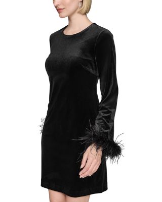 Feather Trim Stretch Velvet Dress