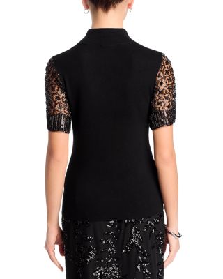 Sequin & Beaded Flutter Sleeve Mock Neck Sweater