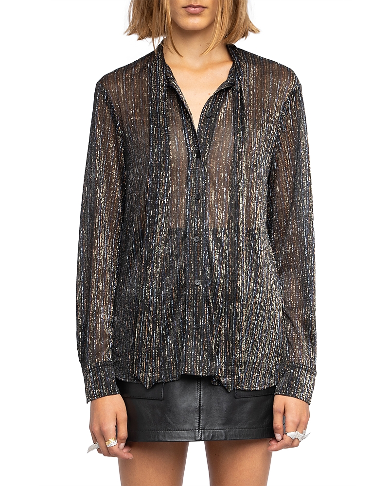 Zadig & Voltaire Tulba Shimmer Tie Neck Shirt In Black