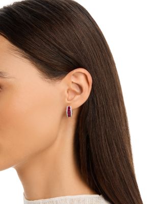 Ruby & Diamond Huggie Hoop Earrings in 14K White Gold