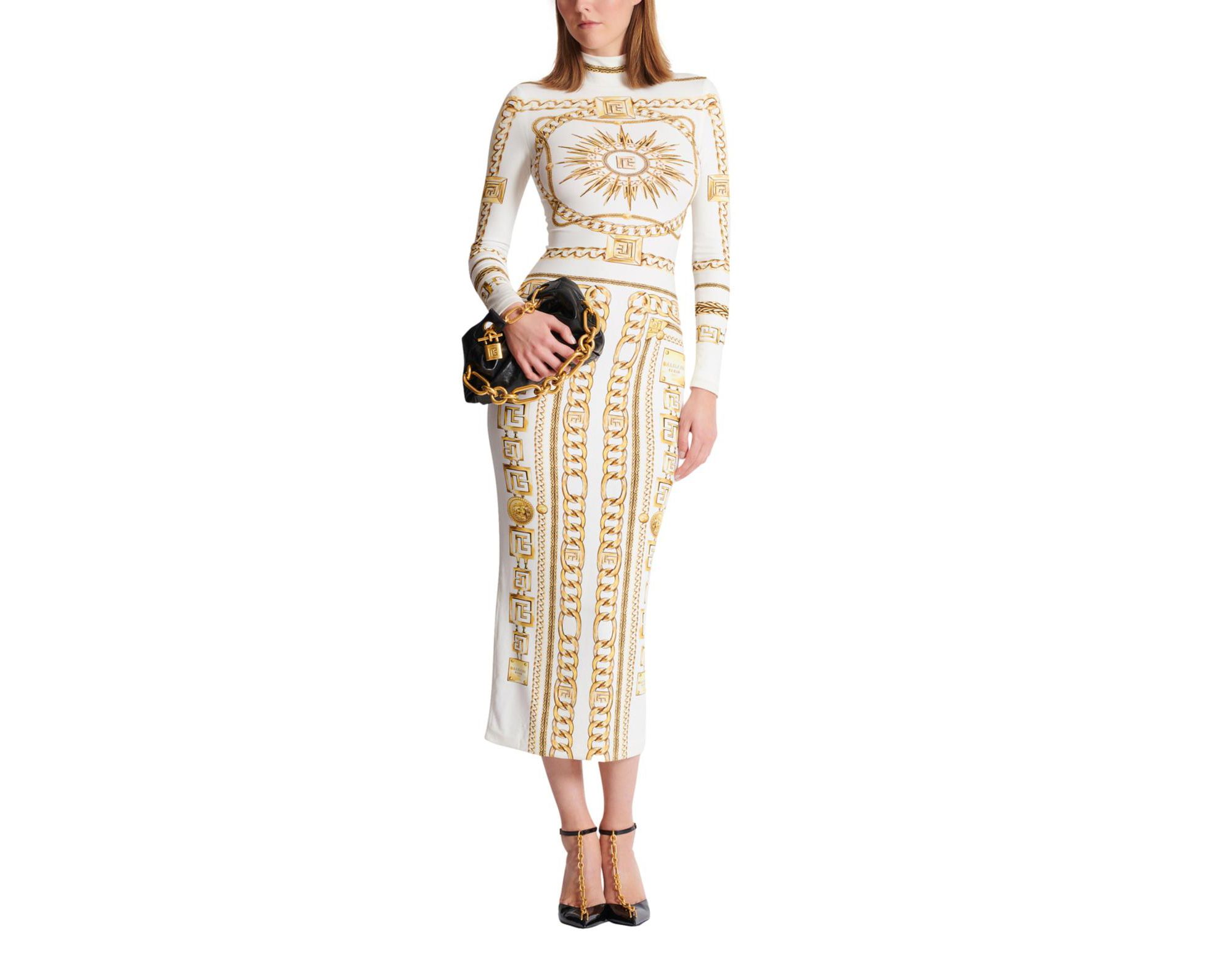 Long Printed Bodycon Dress with Balmain Foulard Pattern - Image 1