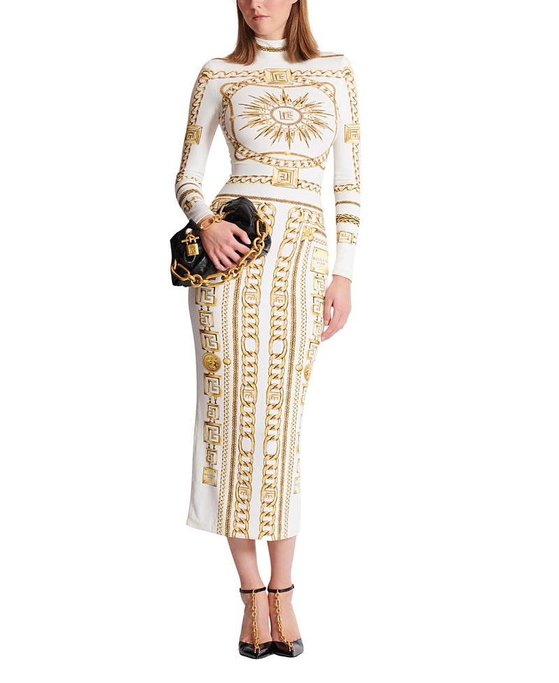 Balmain Long Printed Bodycon Dress with Balmain Foulard Pattern