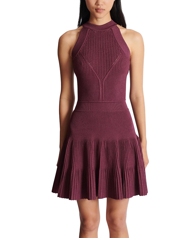 Balmain Sleeveless Flared Dress In Openwork Knit In Purple