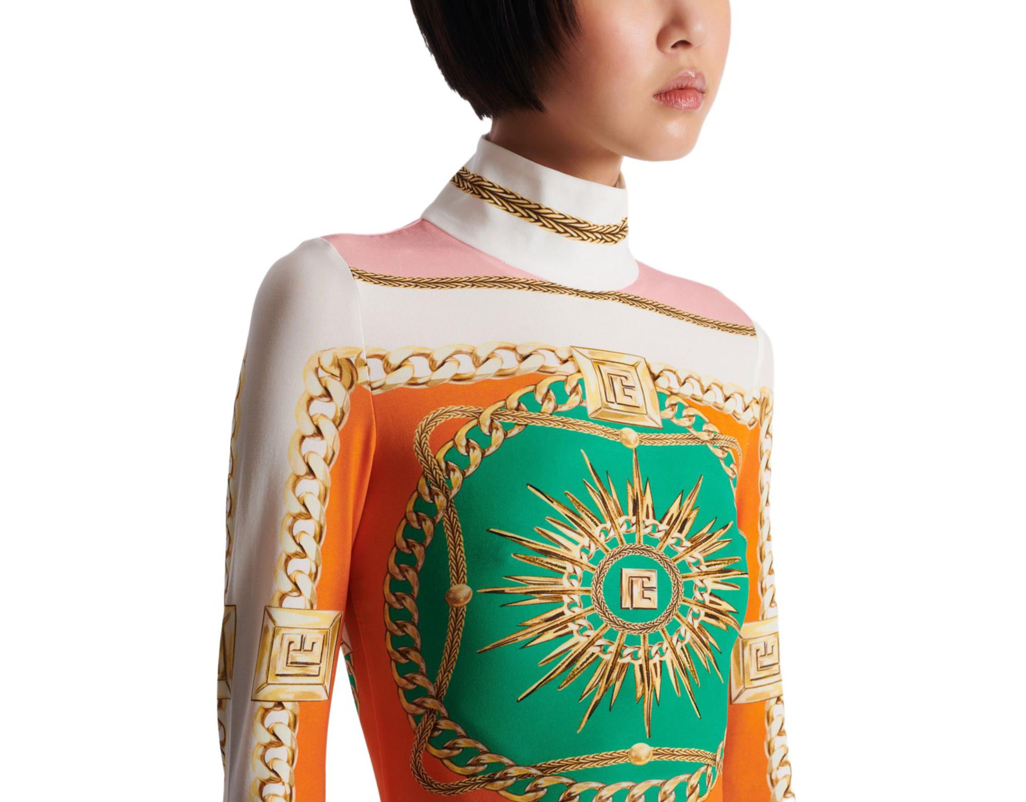 Short Printed Bodycon Dress with Balmain Foulard Pattern — Image 6