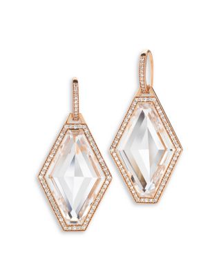 Rock Crystal & Diamond Frame Drop Earrings in 18K Rose Gold