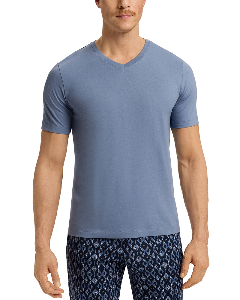 Hanro Cotton Solid V Neck Tee In Blue
