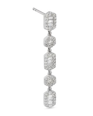 Diamond Round & Baguette Cluster Linear Drop Earrings in 14K White Gold, 0.94 tcw
