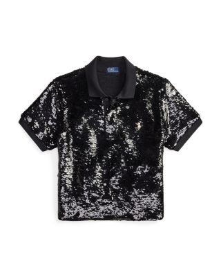Sequined Mesh Crop Polo Shirt