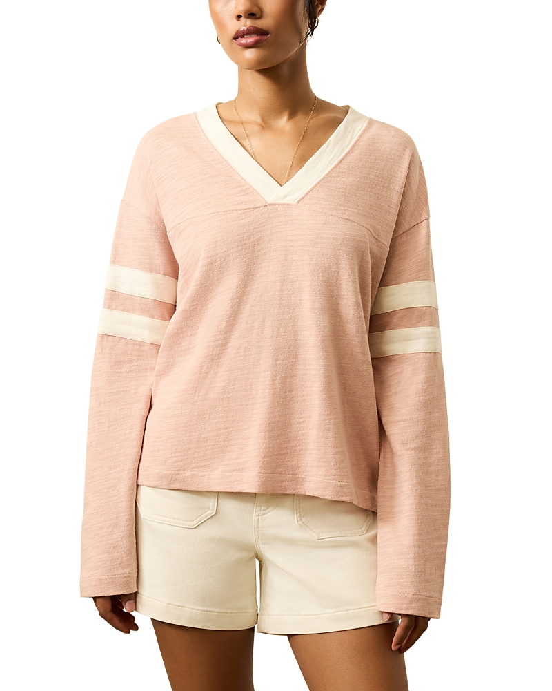Faherty Slub Varsity V Neck Top In Pink