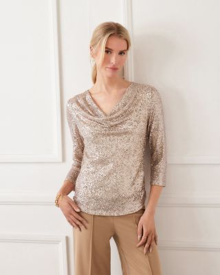 Three Quarter Sleeve Drape Front Sequin Top