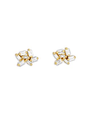 18K Yellow Gold Diamond Baguette Cluster Stud Earrings