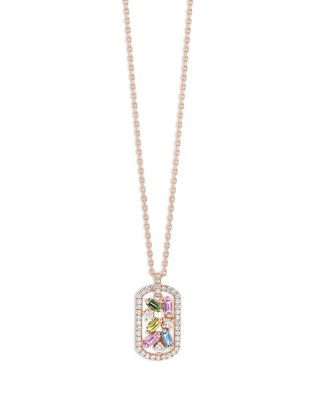 18K Rose Gold Frenzy Rainbow Sapphire & Diamond Scatter Cluster Openwork Dog Tag Pendant Necklace, 16-18"