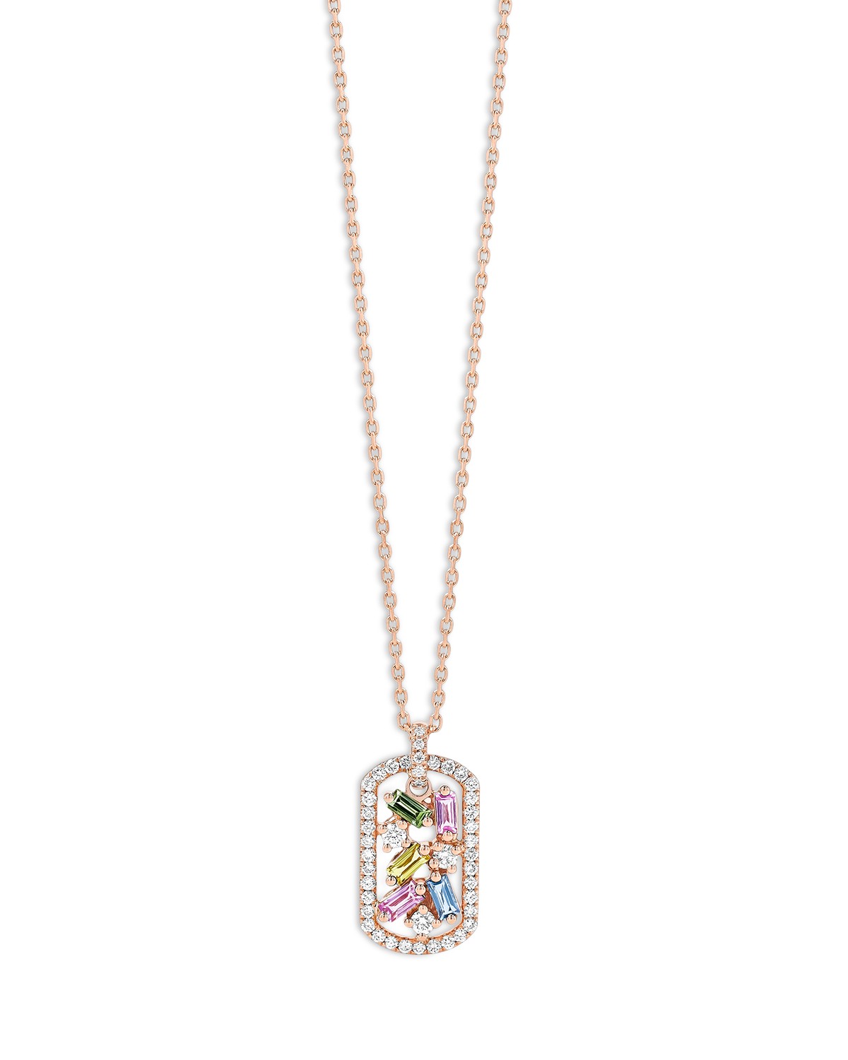 Suzanne Kalan 18K Rose Gold Frenzy Rainbow Sapphire & Diamond Scatter Cluster Openwork Dog Tag Pendant Necklace, 16-18