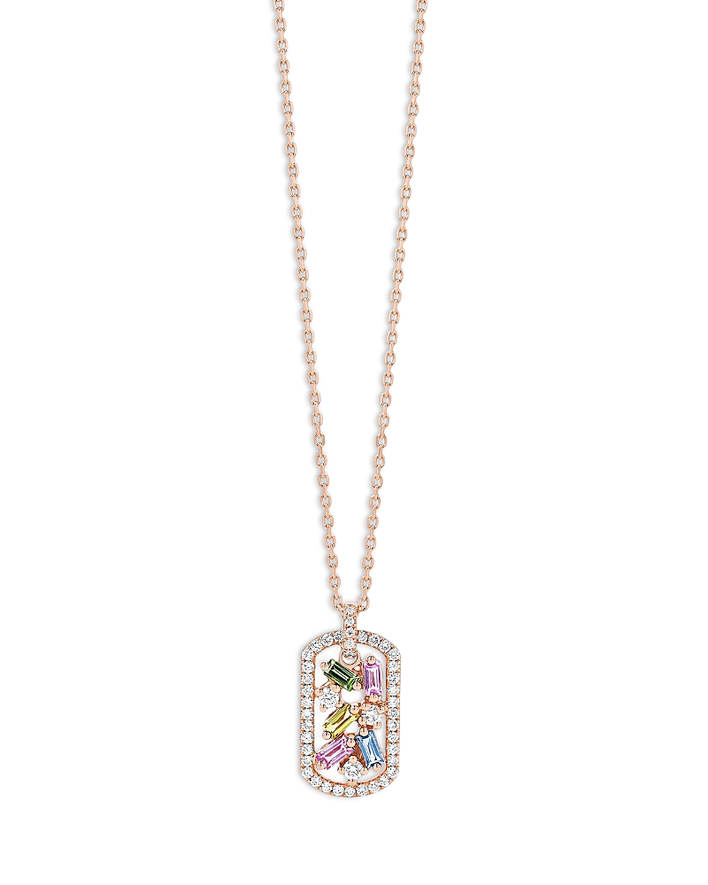 Suzanne Kalan 18K Rose Gold Frenzy Rainbow Sapphire & Diamond Scatter Cluster Openwork Dog Tag Pendant Necklace, 16