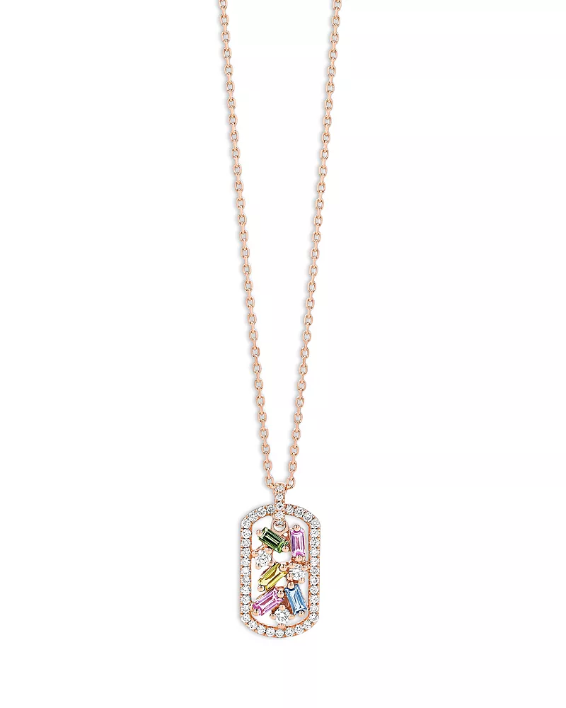 Suzanne Kalan 18K Rose Gold Frenzy Rainbow Sapphire & Diamond Scatter Cluster Openwork Dog Tag Pendant Necklace, 16