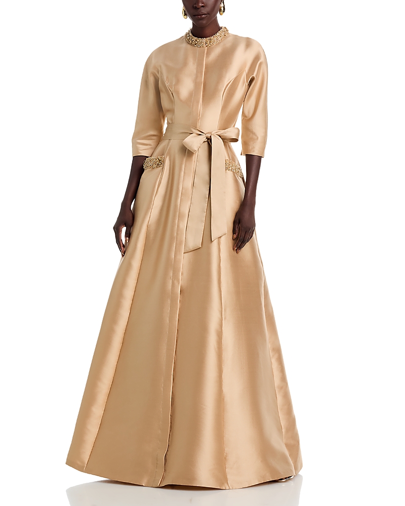 Teri Jon By Rickie Freeman Mikado Bead Collar Gown In Gold