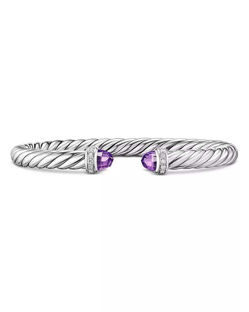 David Yurman Cable Flex Bracelet in Sterling Silver with Amethyst and Diamonds, 6mm