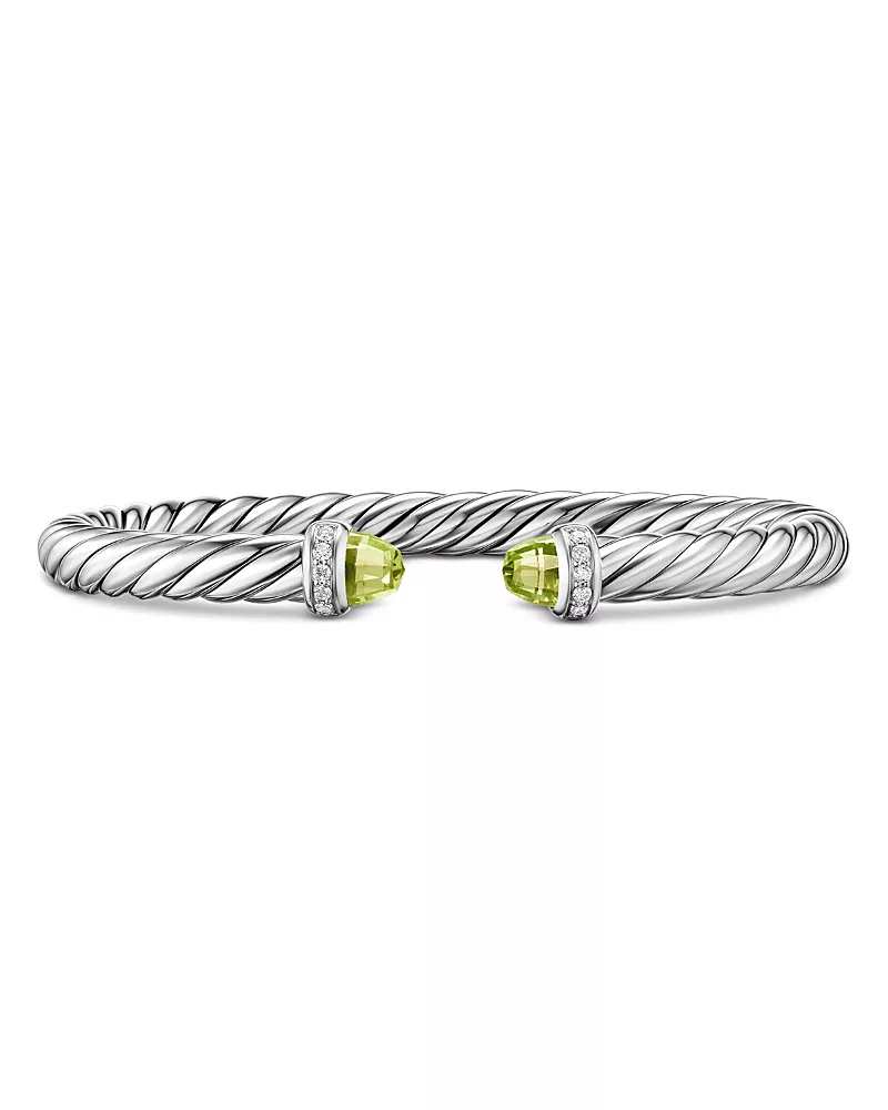 David Yurman Cable Flex Bracelet in Sterling Silver with Peridot and Diamonds, 6mm
