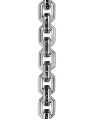 Men&#39;s Faceted Flat Link Bracelet in Sterling Silver with Black Diamonds, 11mm