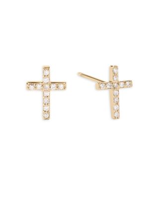 14K Yellow Gold Diamond Cross Stud Earrings