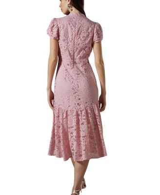 Lace Frill Sleeve High Neck Midi Dress