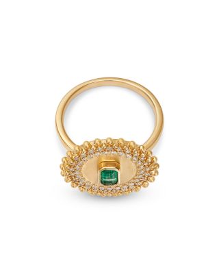 Emerald & Diamond Circle Statement Ring in 14K Yellow Gold