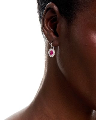 Ruby & Diamond Halo Drop Earrings in 14K White Gold