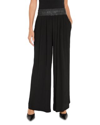 Faux Leather Waistband Wide Leg Pants