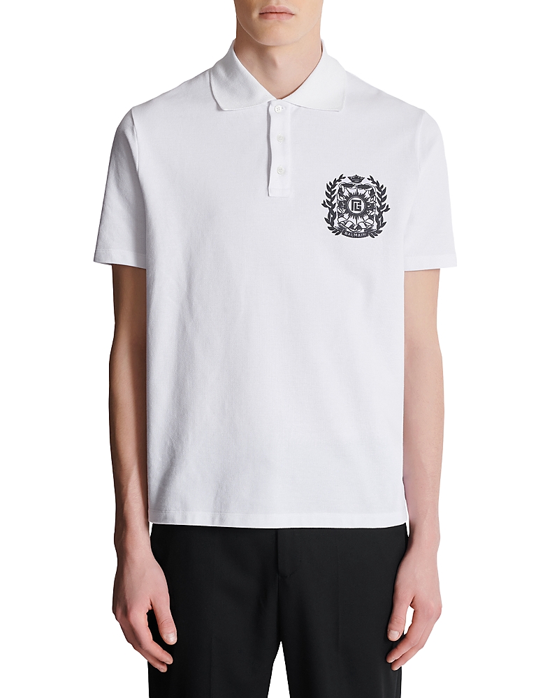 Balmain Cotton Crest Print Polo Shirt In White