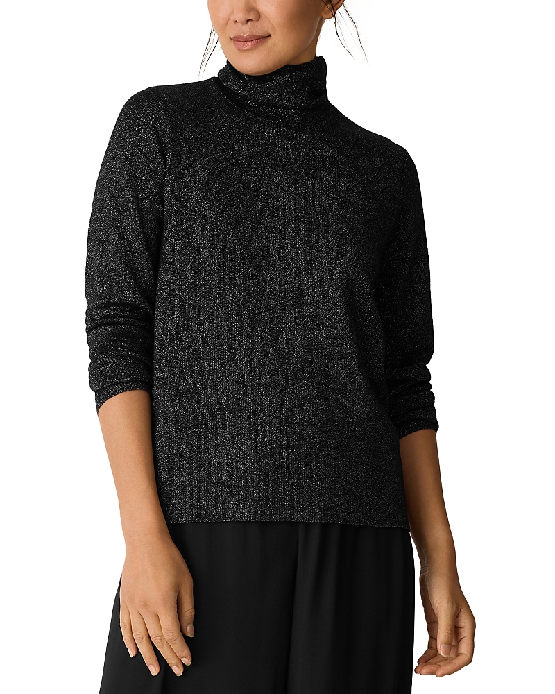 Eileen Fisher Long Sleeve Metallic Wool Blend Turtleneck Top In Black