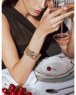 18K Yellow Gold Honeycomb Rainbow Sapphire & Diamond Pav&eacute; Cuff Bracelet