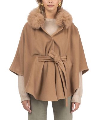 Wool Belted Cape with Lamb Collar