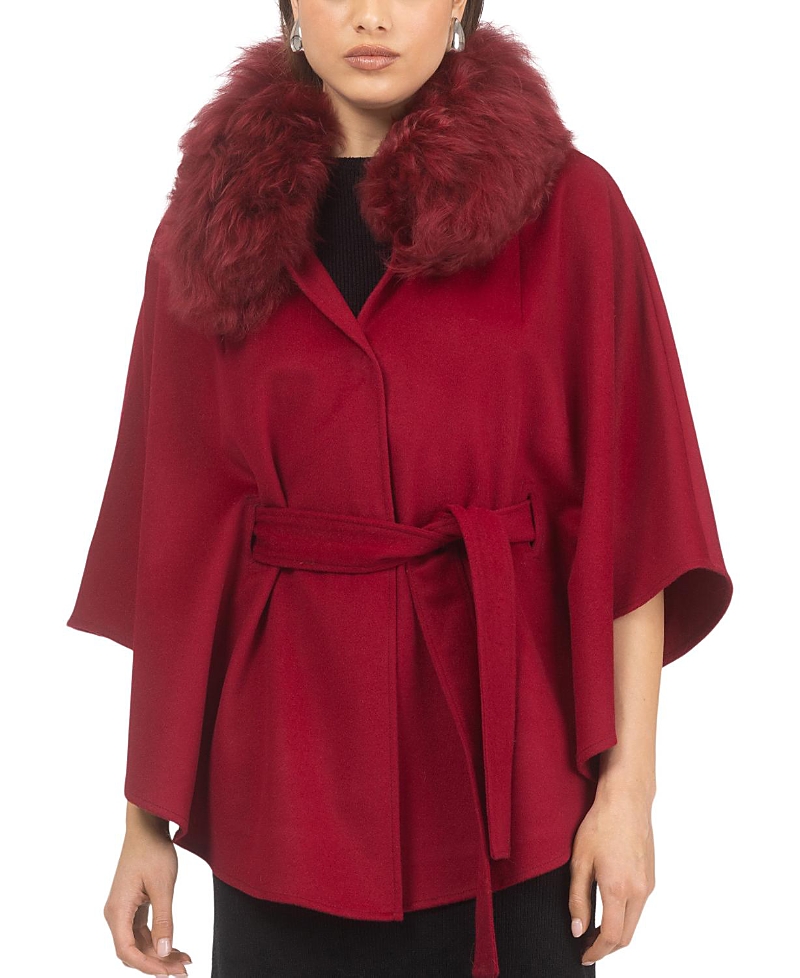 Gorski Wool Belted Cape With Lamb Collar In Burgundy