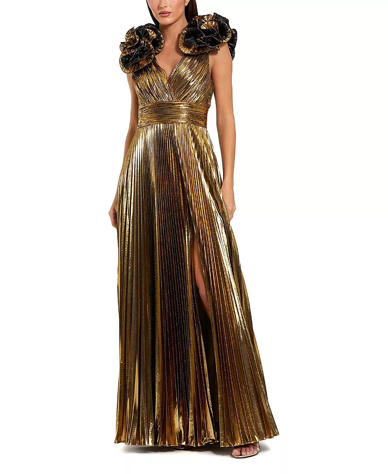 Mac Duggal Pleated Metallic V Neck Gown with Ruffle Detail
