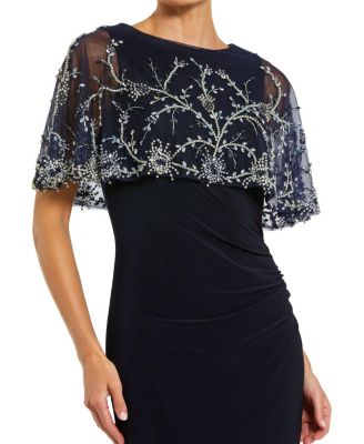 Fitted Jersey Gown with Embellished Cape