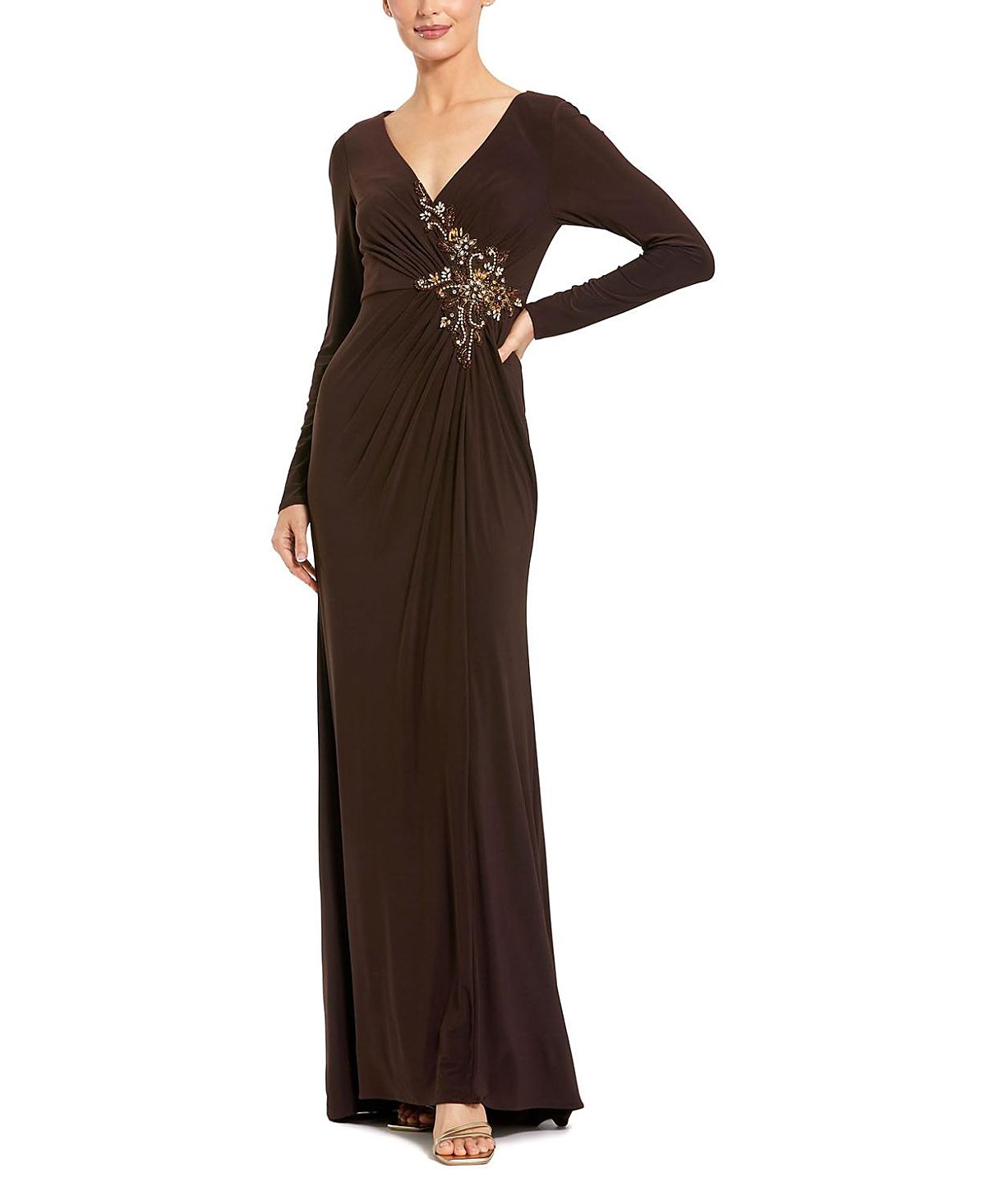 Mac Duggal Faux Wrap Long Sleeve Gown w/ Applique Detail