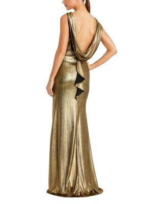  Metallic Cowl Back Column Gown
