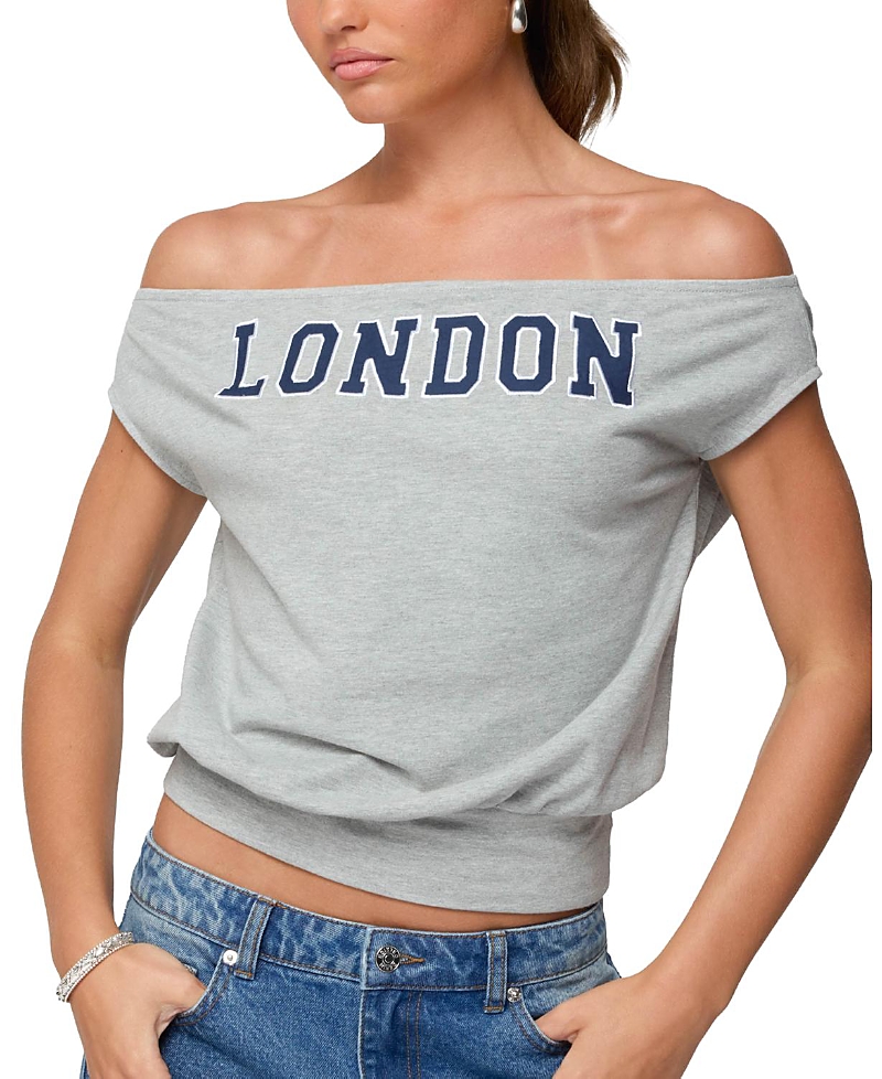 Edikted So London Off The Shoulder Stretch Cotton T-shirt In Gray
