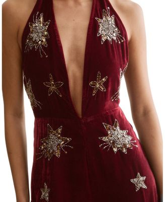 Star Embellished Velvet Halter Jumpsuit