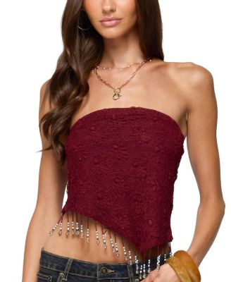  Textured Asymmetric Bead Fringe Strapless Top