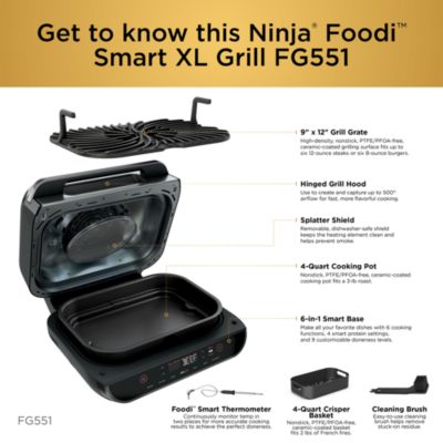 FG551 Foodi Smart XL 6 in 1 Indoor Grill with 4 Quart Air Fryer, Roast, Bake, Dehydrate, Broil, and Smart Cook System