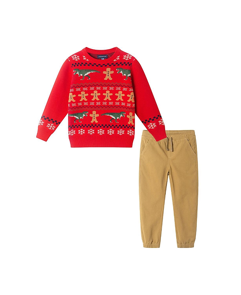 Andy & Evan Boys' Gingerbread Dino Fair Isle Sweater & Pant Set - Little Kid, Big Kid