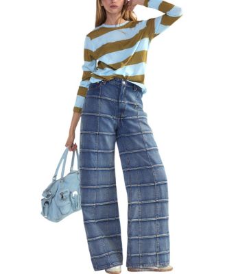 Windowpane Wide-Leg Jeans in Light Blue Wash
