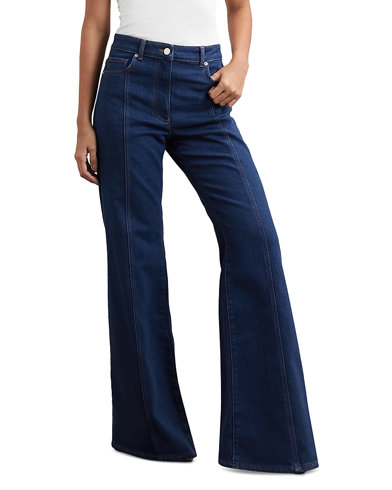 Reiss June Mid Rise Flare Pin Stitch Jeans In Blue
