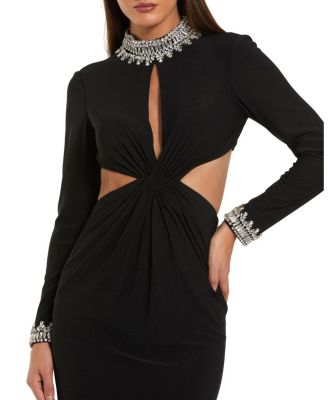  Embellished Jersey Long Sleeve Cut Out Evening Gown