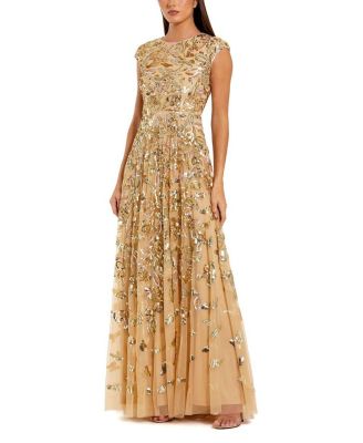 Sequined High Neck Cap Sleeve A Line Gown