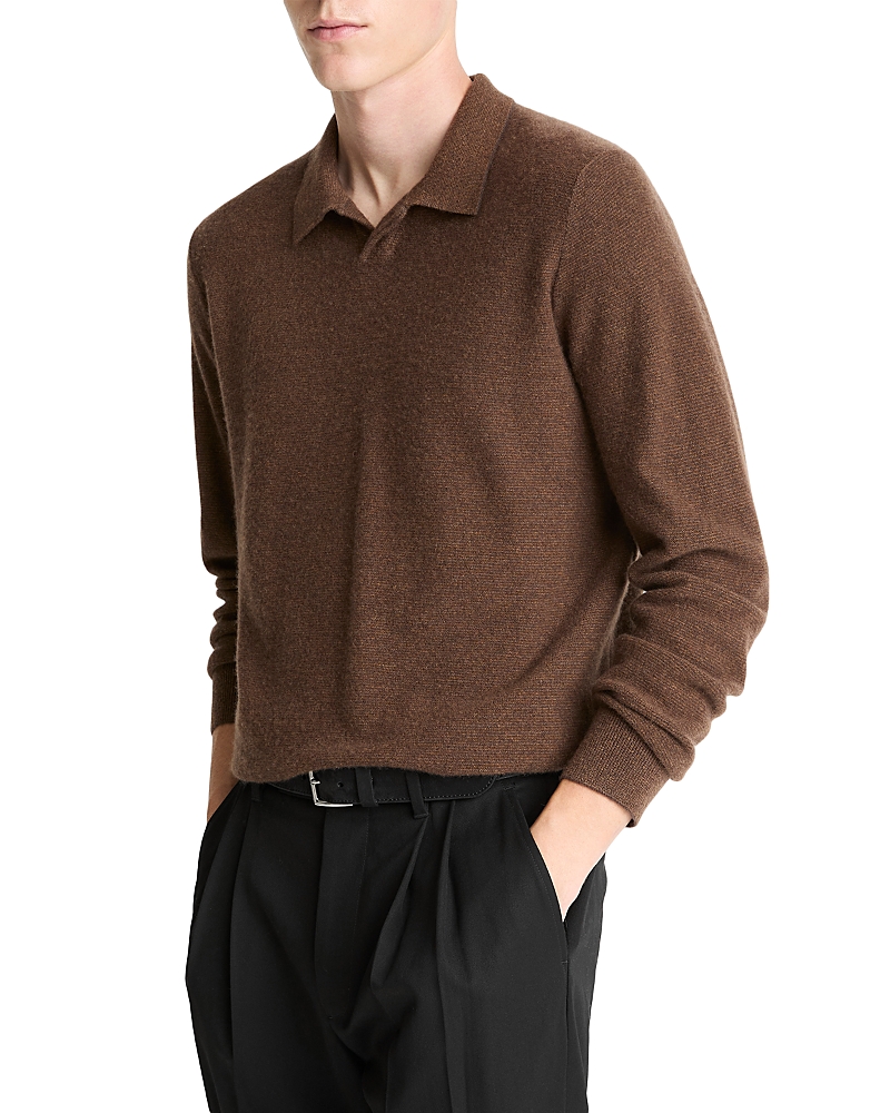 Vince Boiled Cashmere Feed Striped Johnny Collar Sweater In Brown