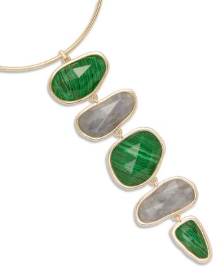  Stone Charm Jewelry Green & Gray Stone Linear Statement Necklace, 15.7"