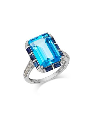 Swiss Blue Topaz, Blue Sapphire &amp; Diamond Octagon Halo Ring in 14K White Gold